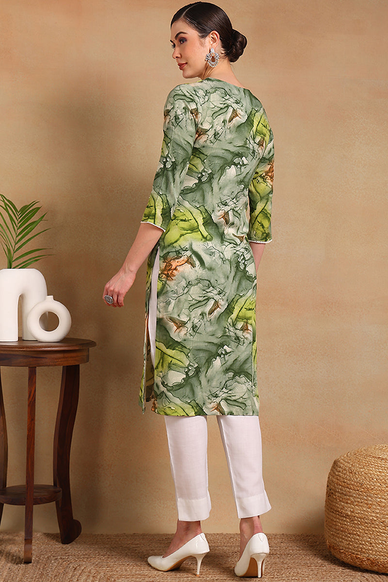 Green Cotton Blend Abstract Printed Straight Kurta VCK9563 | DesiQlo