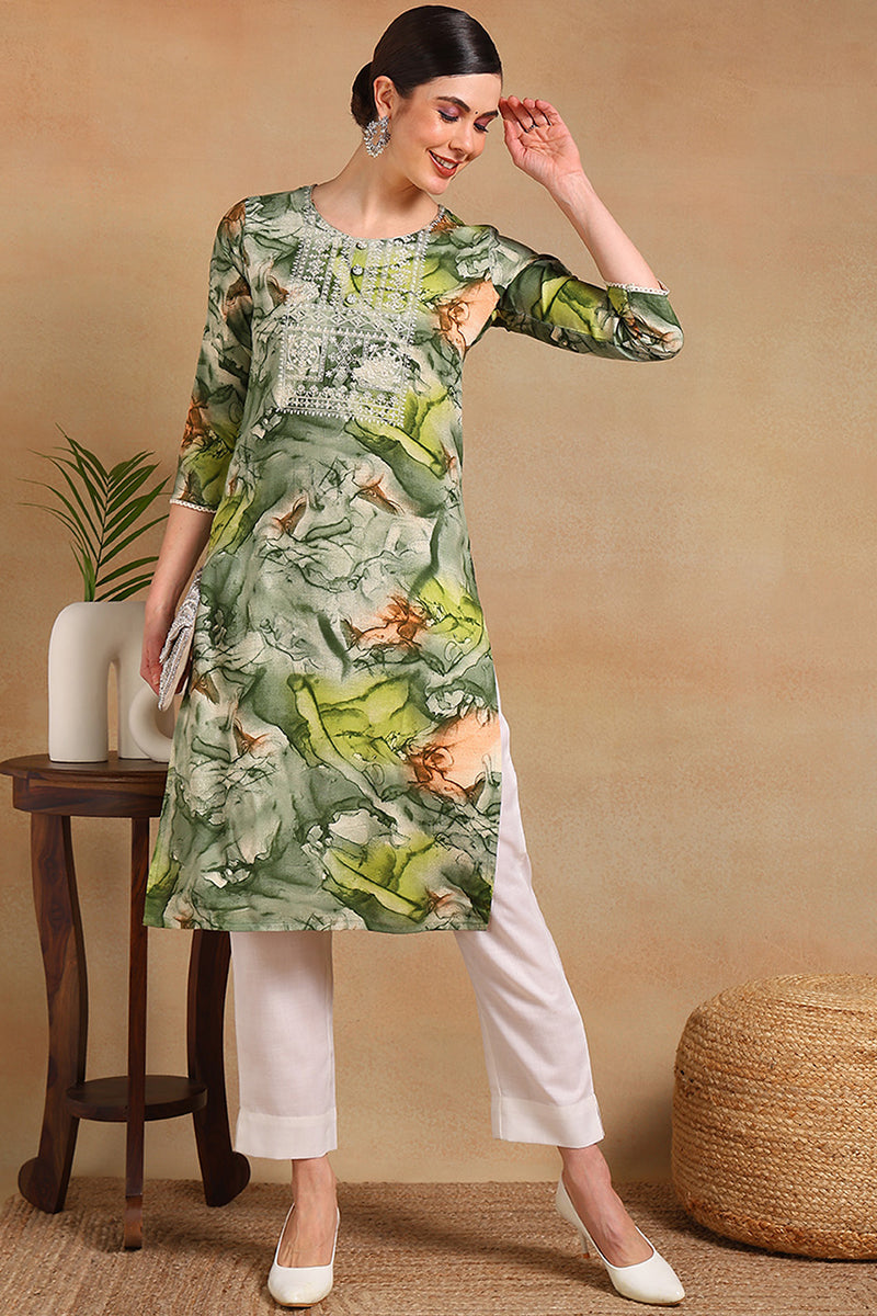 Green Cotton Blend Abstract Printed Straight Kurta VCK9563 | DesiQlo
