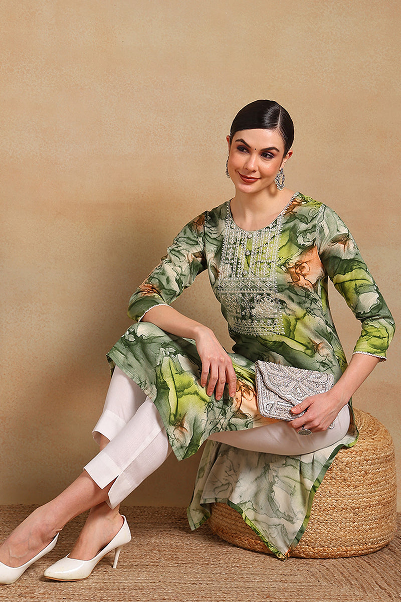 Green Cotton Blend Abstract Printed Straight Kurta VCK9563 | DesiQlo