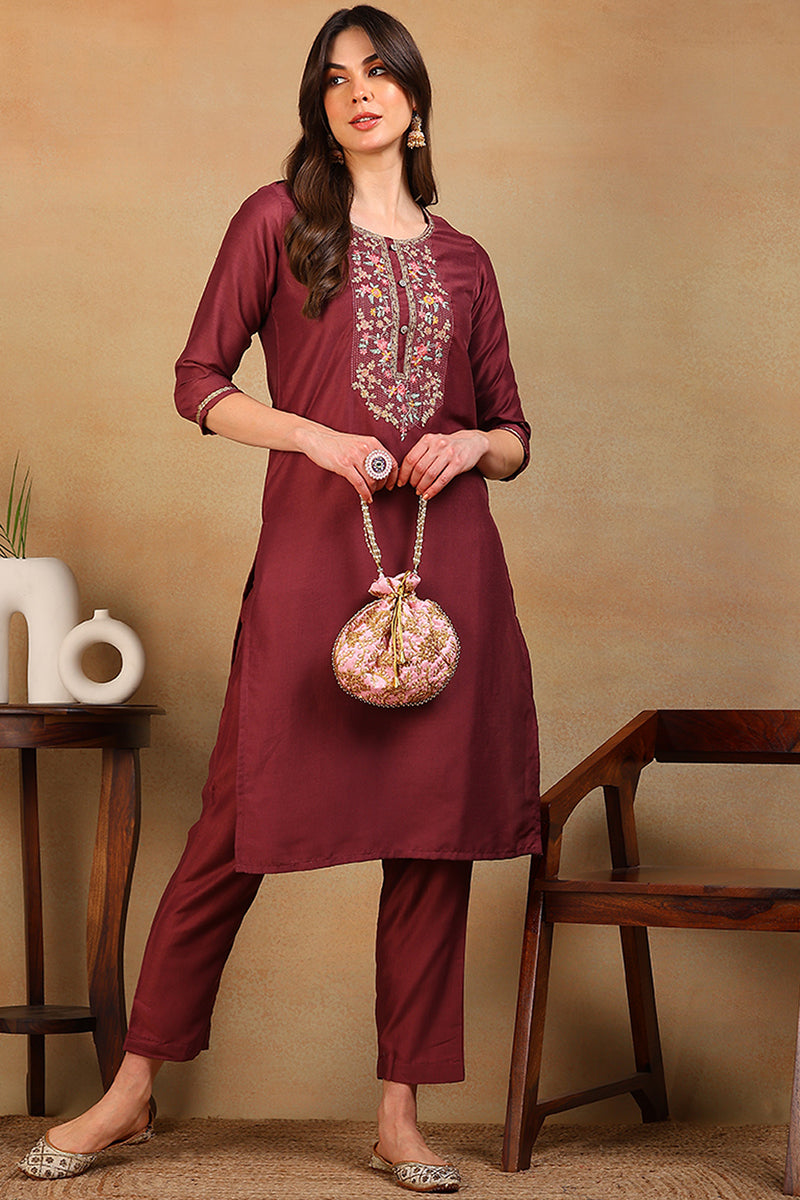 Mauve Silk Blend Solid Embroidered Straight Kurta VCK9580 | DesiQlo
