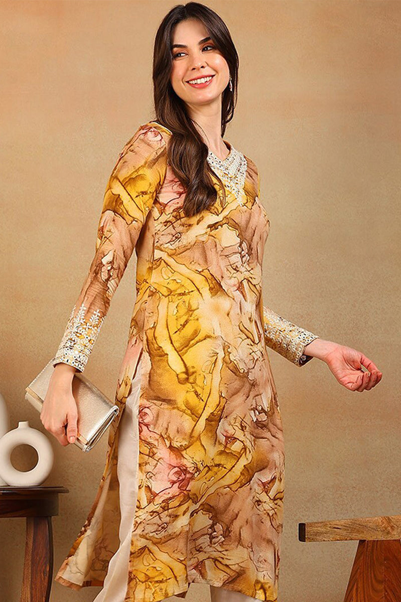 Mustard Viscose Rayon Tie and Dye Printed Straight Kurta VCK9605 | Des