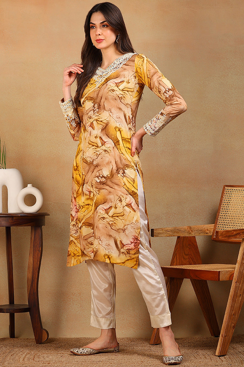 Mustard Viscose Rayon Tie and Dye Printed Straight Kurta VCK9605 | Des