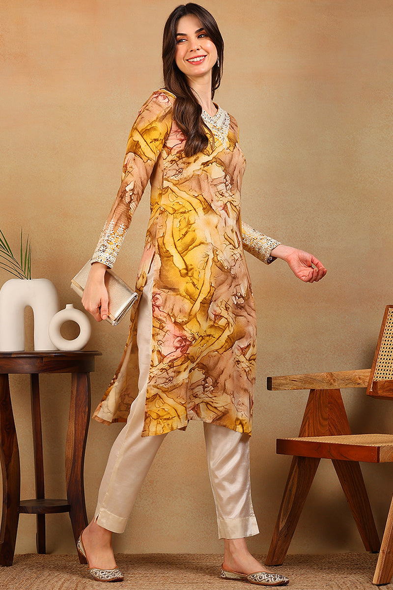 Mustard Viscose Rayon Tie and Dye Printed Straight Kurta VCK9605 | Des