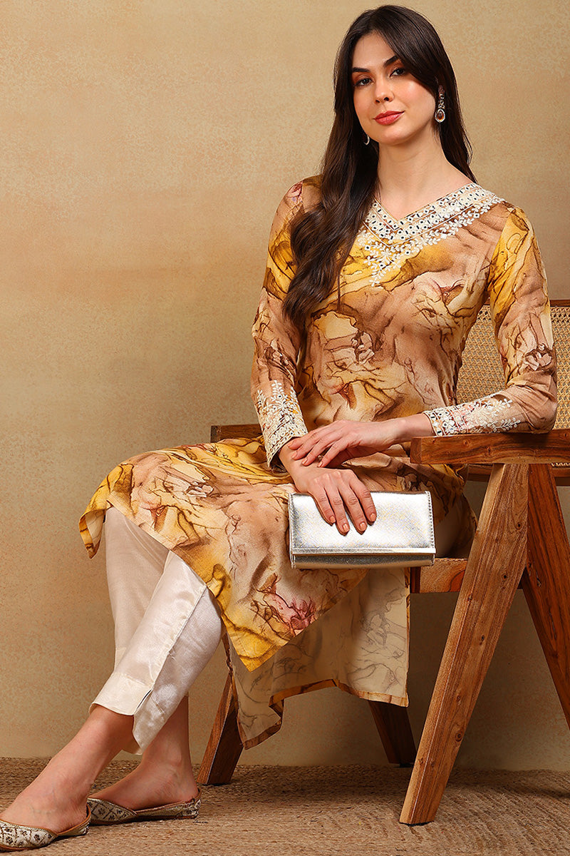 Mustard Viscose Rayon Tie and Dye Printed Straight Kurta VCK9605 | Des