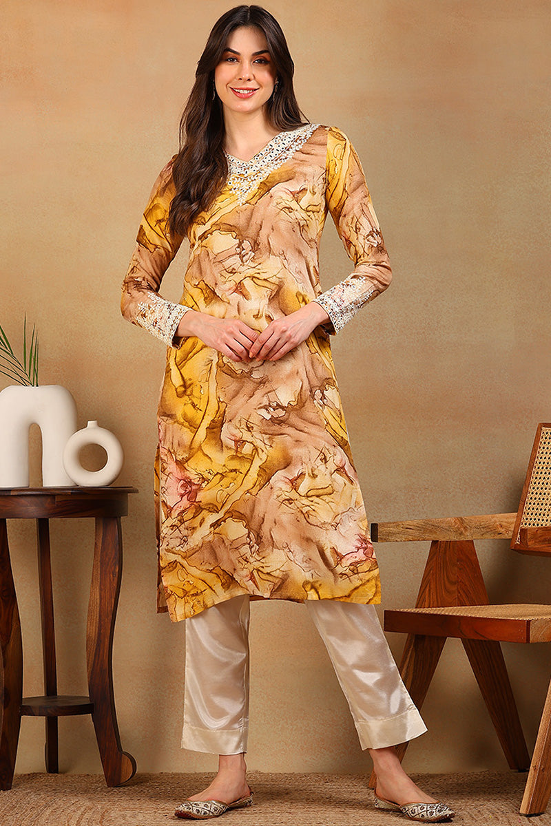 Mustard Viscose Rayon Tie and Dye Printed Straight Kurta VCK9605 | Des