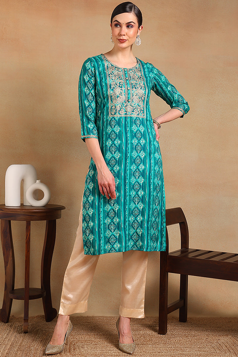 Turquoise Blue Viscose Rayon Ethnic Motifs Printed Straight Kurta VCK9