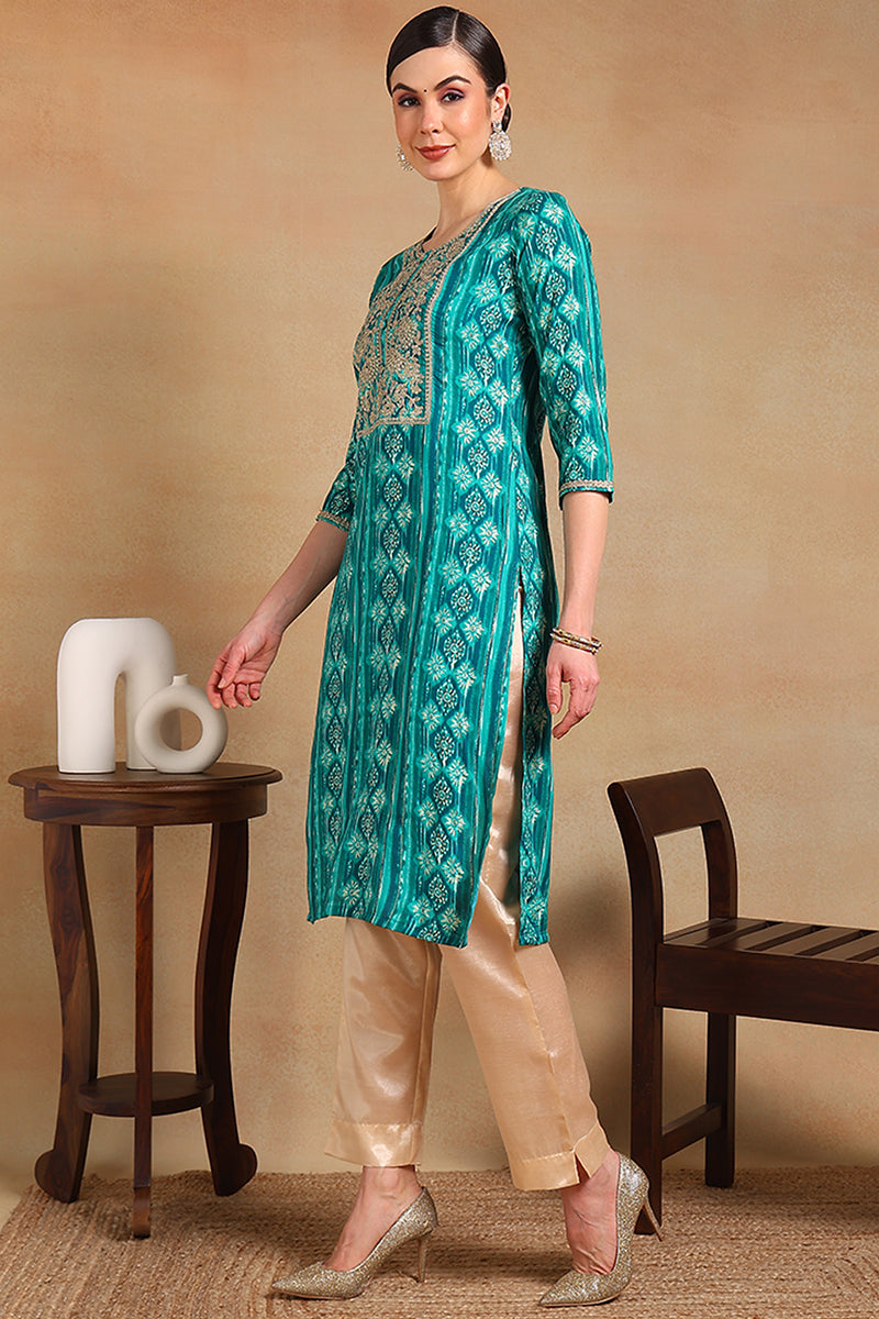 Turquoise Blue Viscose Rayon Ethnic Motifs Printed Straight Kurta VCK9