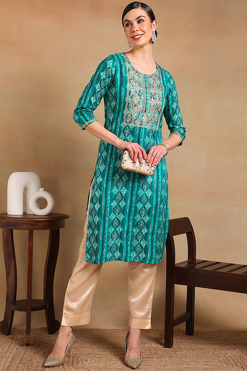 Turquoise Blue Viscose Rayon Ethnic Motifs Printed Straight Kurta VCK9