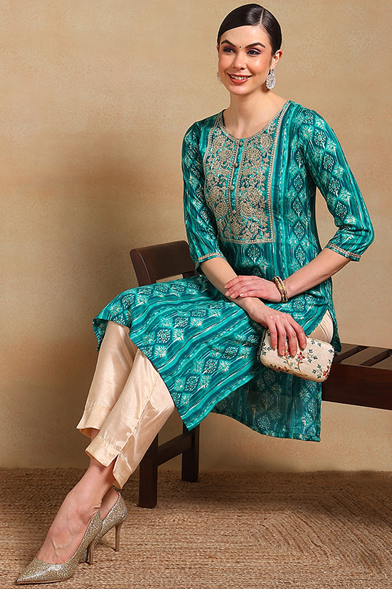 Turquoise Blue Viscose Rayon Ethnic Motifs Printed Straight Kurta VCK9