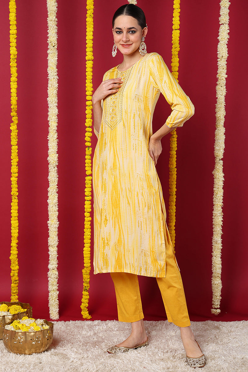 Yellow Viscose Rayon Abstract Printed Straight Kurta VCK9632 | DesiQlo