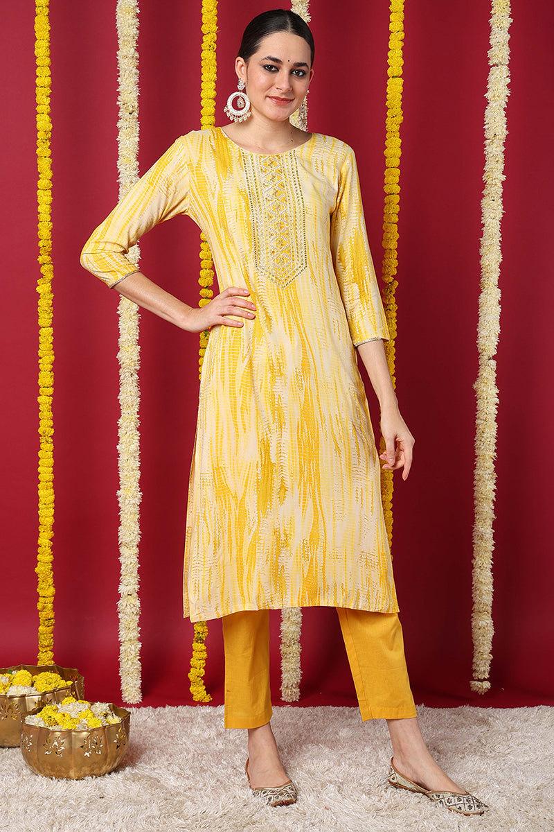 Yellow Viscose Rayon Abstract Printed Straight Kurta VCK9632 | DesiQlo
