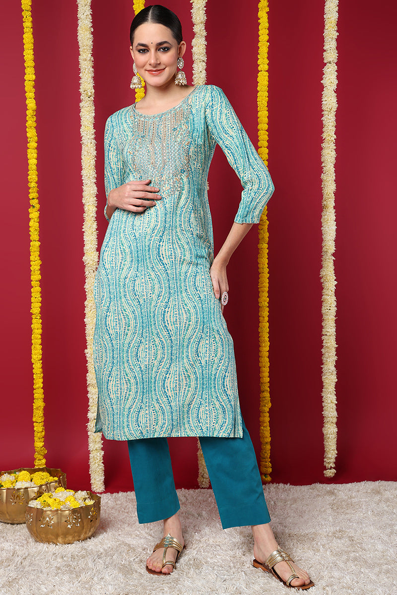 Blue Viscose Rayon Abstract Printed Straight Kurta VCK9633 | DesiQlo