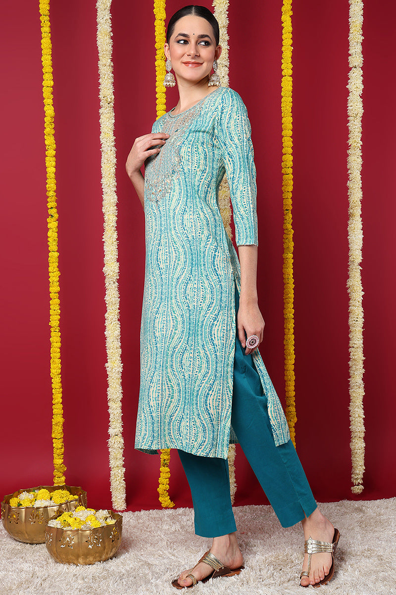 Blue Viscose Rayon Abstract Printed Straight Kurta VCK9633 | DesiQlo