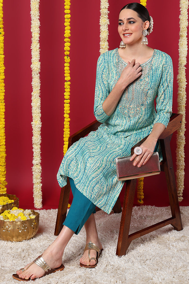Blue Viscose Rayon Abstract Printed Straight Kurta VCK9633 | DesiQlo