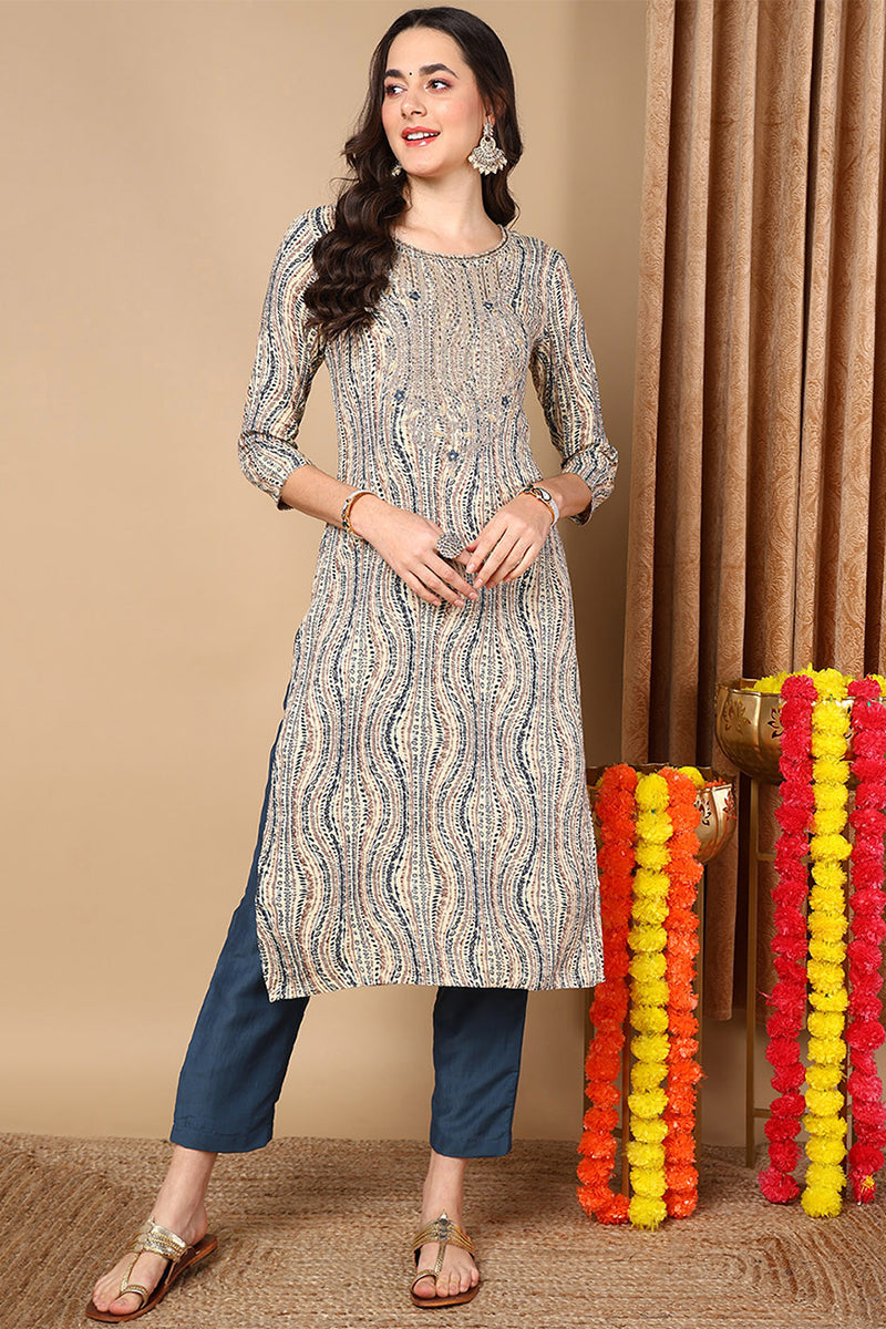 Beige Viscose Rayon Abstract Printed Straight Kurta VCK9634 | DesiQlo