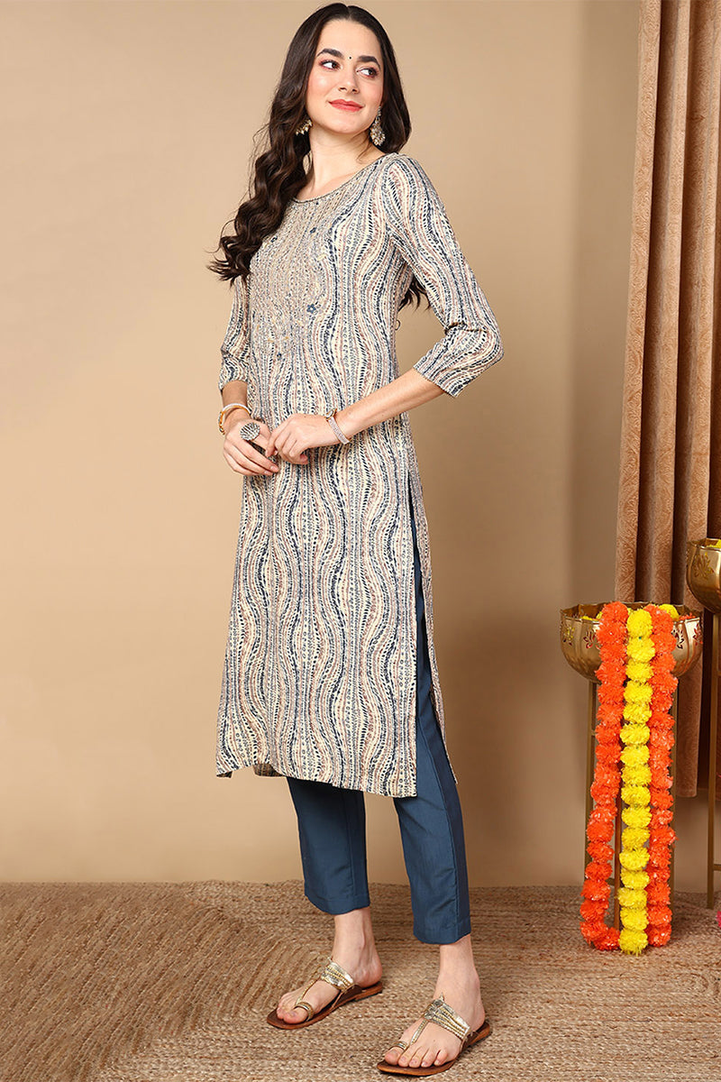 Beige Viscose Rayon Abstract Printed Straight Kurta VCK9634 | DesiQlo