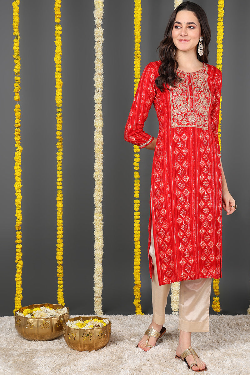 Red Viscose Rayon Ethnic Motifs Printed Straight Kurta VCK9635 | DesiQ