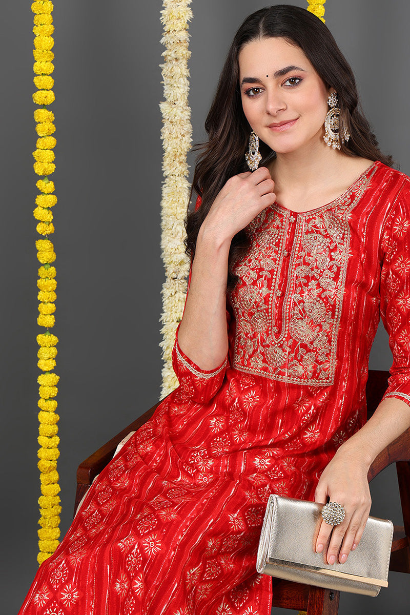 Red Viscose Rayon Ethnic Motifs Printed Straight Kurta VCK9635 | DesiQ