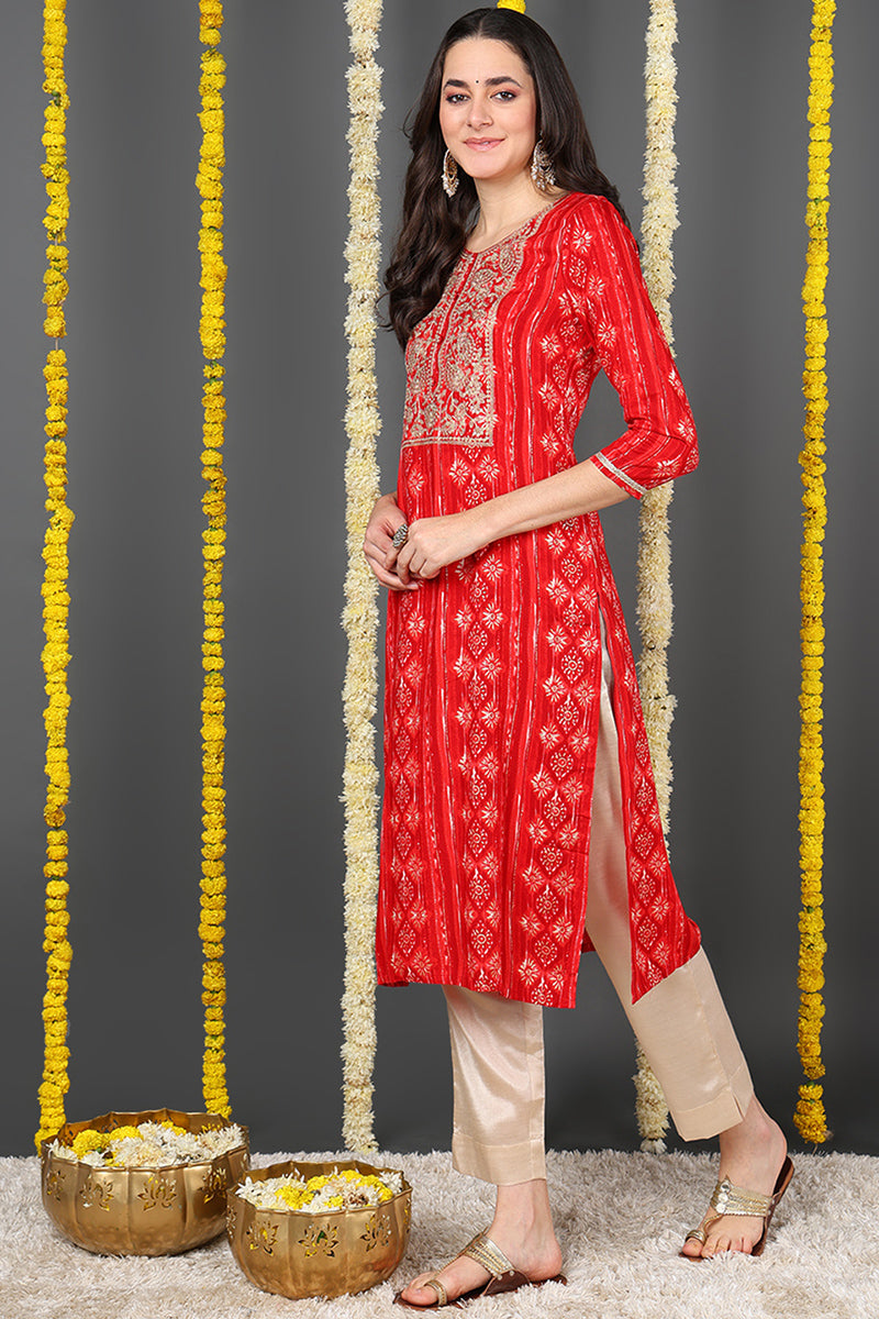 Red Viscose Rayon Ethnic Motifs Printed Straight Kurta VCK9635 | DesiQ