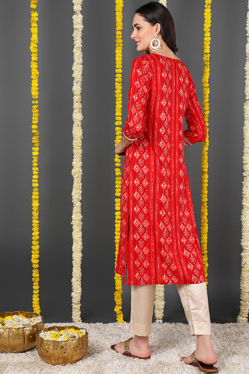 Red Viscose Rayon Ethnic Motifs Printed Straight Kurta VCK9635 | DesiQ