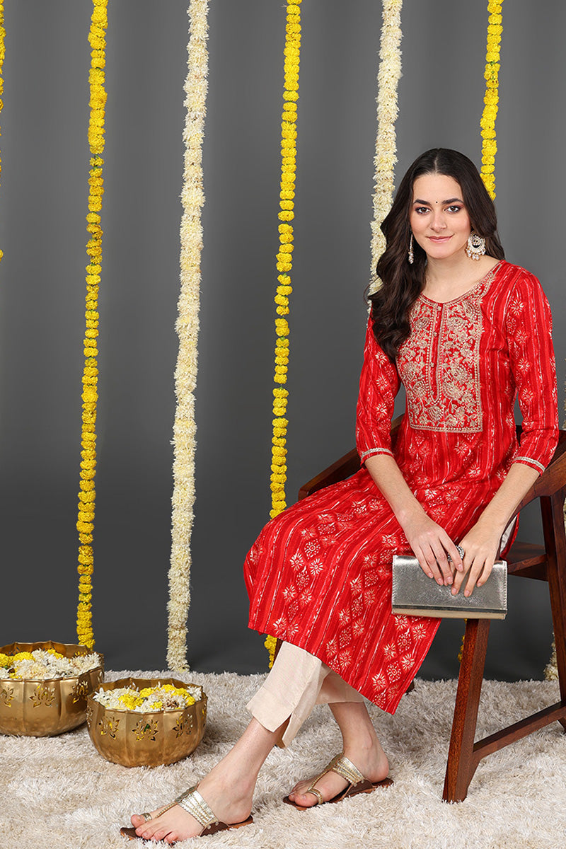 Red Viscose Rayon Ethnic Motifs Printed Straight Kurta VCK9635 | DesiQ