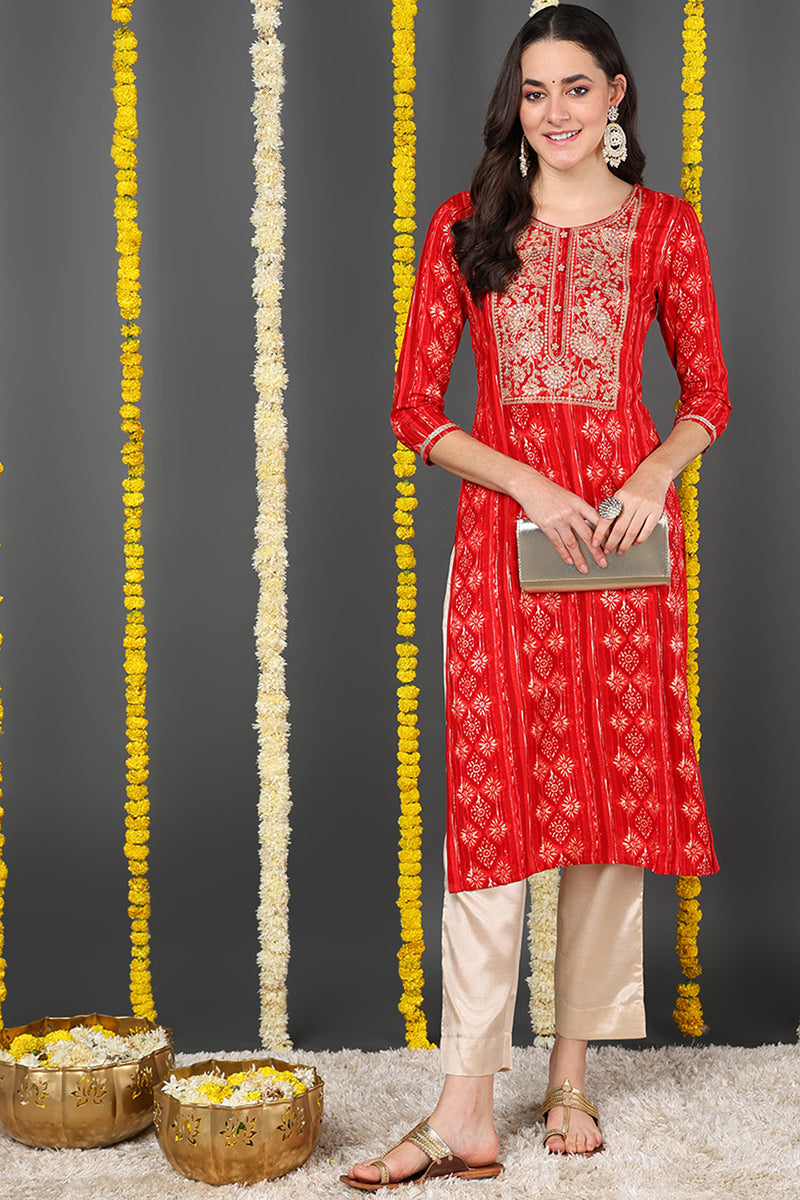 Red Viscose Rayon Ethnic Motifs Printed Straight Kurta VCK9635 | DesiQ