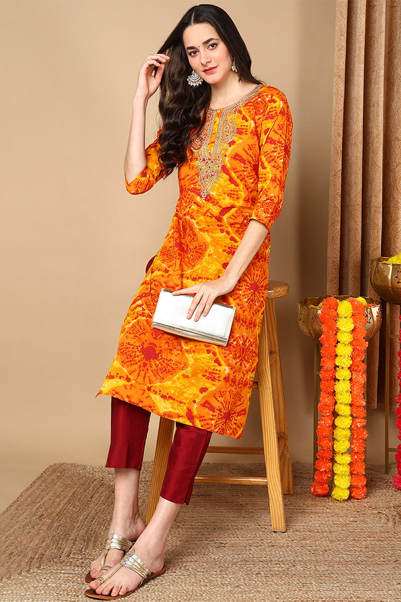 Orange Viscose Rayon Abstract Printed Straight Kurta VCK9691 | DesiQlo