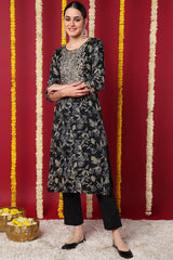 Navy Blue Silk Blend Floral Printed Straight Kurta VCK9698