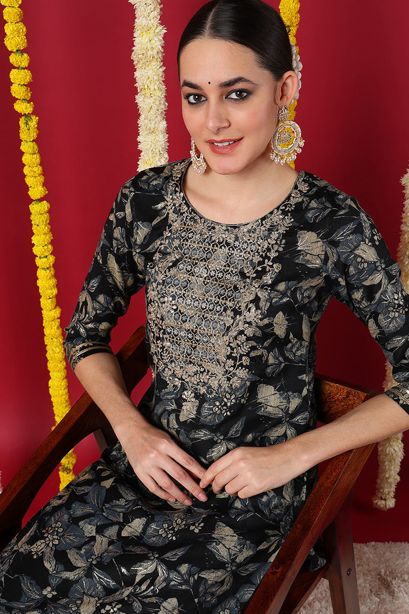 Navy Blue Silk Blend Floral Printed Straight Kurta VCK9698 | DesiQlo