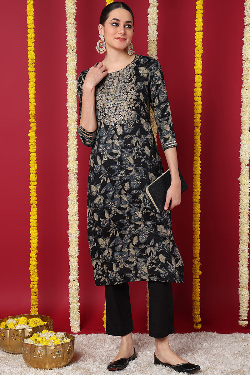 Navy Blue Silk Blend Floral Printed Straight Kurta VCK9698 | DesiQlo