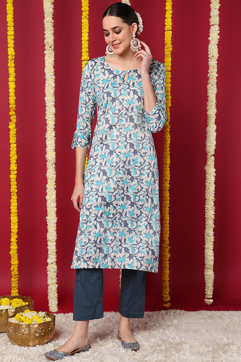 Beige Silk Blend Ethnic Motifs Printed Straight Kurta VCK9709 | DesiQl