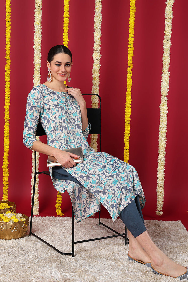 Beige Silk Blend Ethnic Motifs Printed Straight Kurta VCK9709 | DesiQl
