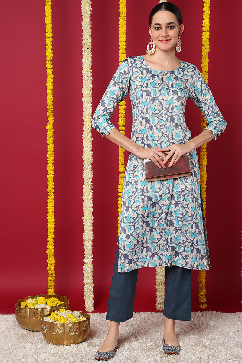 Beige Silk Blend Ethnic Motifs Printed Straight Kurta VCK9709 | DesiQl