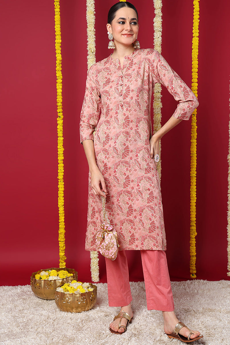 Peach Viscose Rayon Floral Printed Straight Kurta VCK9710 | DesiQlo