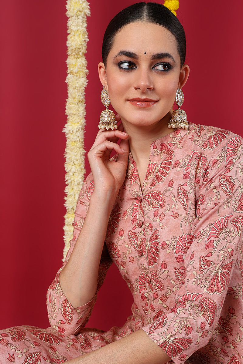 Peach Viscose Rayon Floral Printed Straight Kurta VCK9710 | DesiQlo
