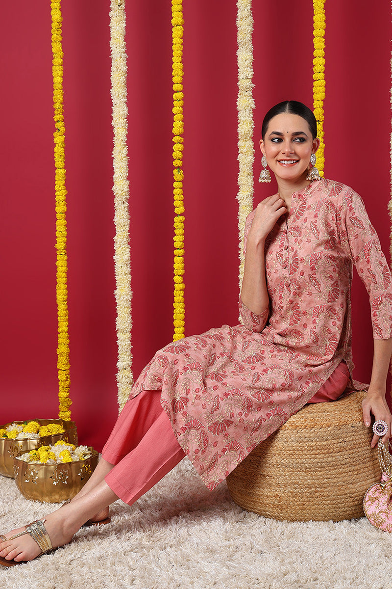 Peach Viscose Rayon Floral Printed Straight Kurta VCK9710 | DesiQlo