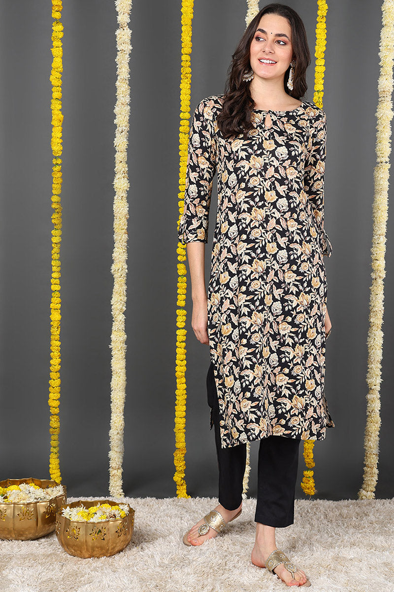 Black Viscose Rayon Floral Printed Straight Kurta VCK9720 | DesiQlo