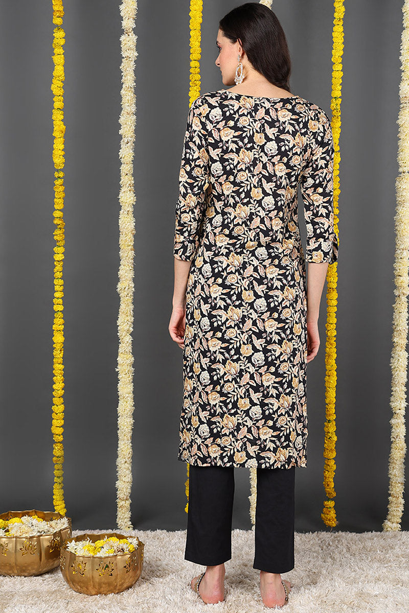 Black Viscose Rayon Floral Printed Straight Kurta VCK9720 | DesiQlo