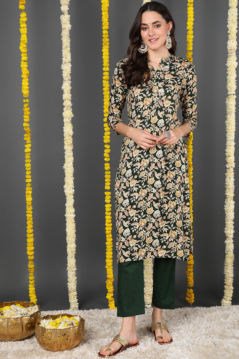 Green Viscose Rayon Floral Printed Straight Kurta VCK9722 | DesiQlo