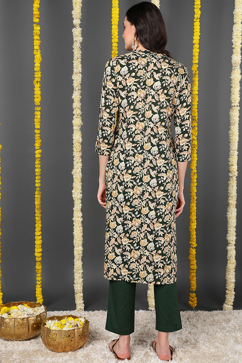 Green Viscose Rayon Floral Printed Straight Kurta VCK9722 | DesiQlo