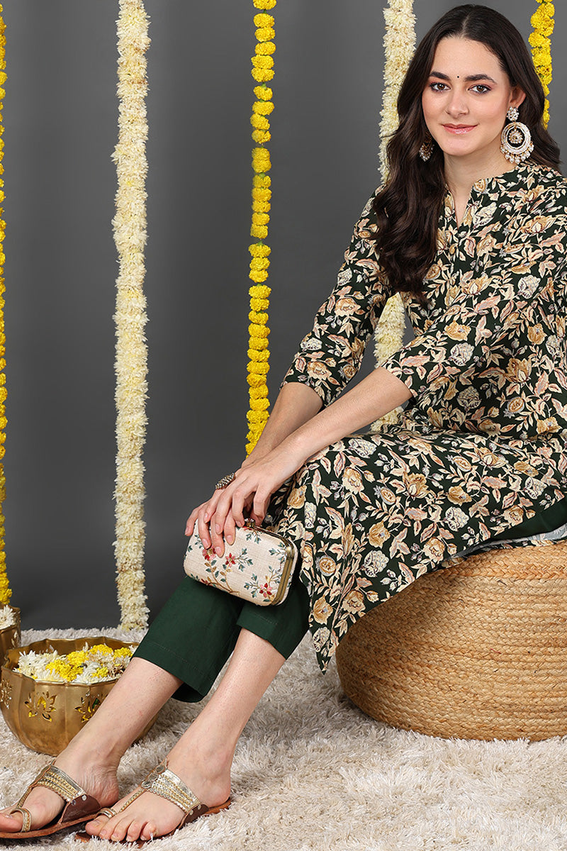 Green Viscose Rayon Floral Printed Straight Kurta VCK9722 | DesiQlo