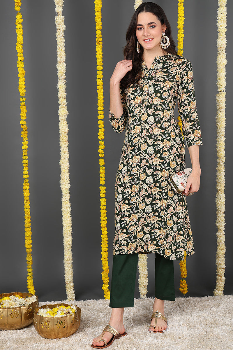 Green Viscose Rayon Floral Printed Straight Kurta VCK9722 | DesiQlo