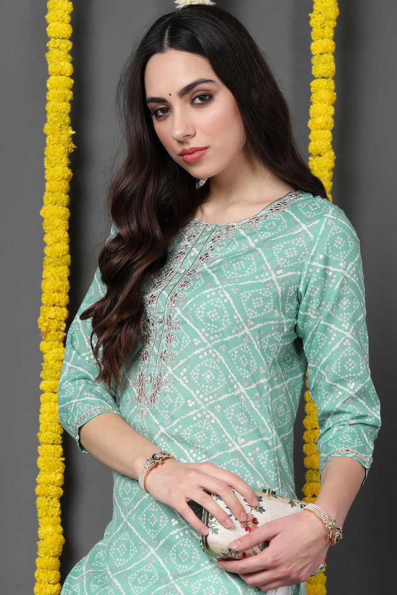Sea Green Cotton Blend Bandhani Printed Straight Kurta VCK9740 | DesiQ