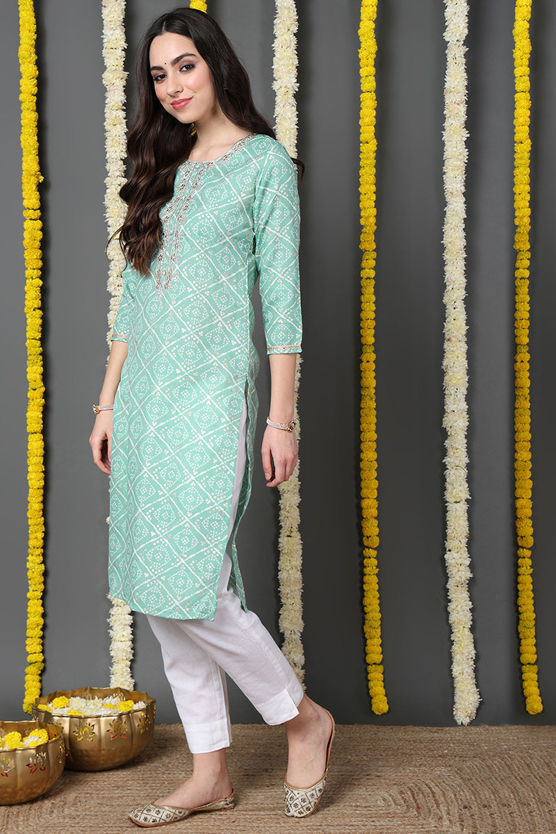 Sea Green Cotton Blend Bandhani Printed Straight Kurta VCK9740 | DesiQ