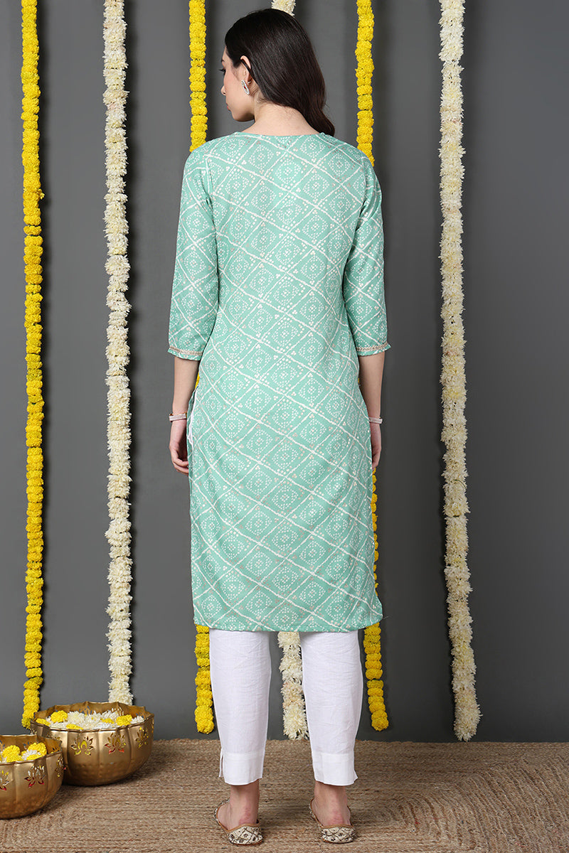 Sea Green Cotton Blend Bandhani Printed Straight Kurta VCK9740 | DesiQ