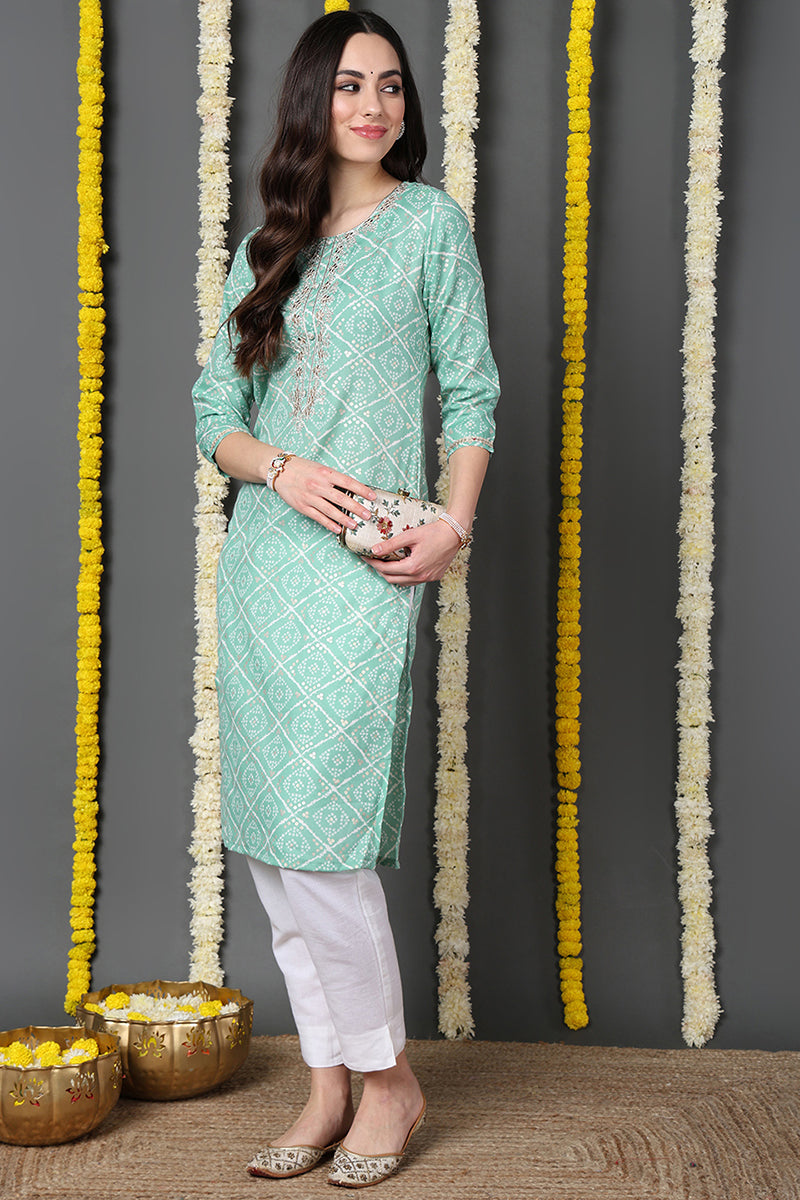 Sea Green Cotton Blend Bandhani Printed Straight Kurta VCK9740 | DesiQ