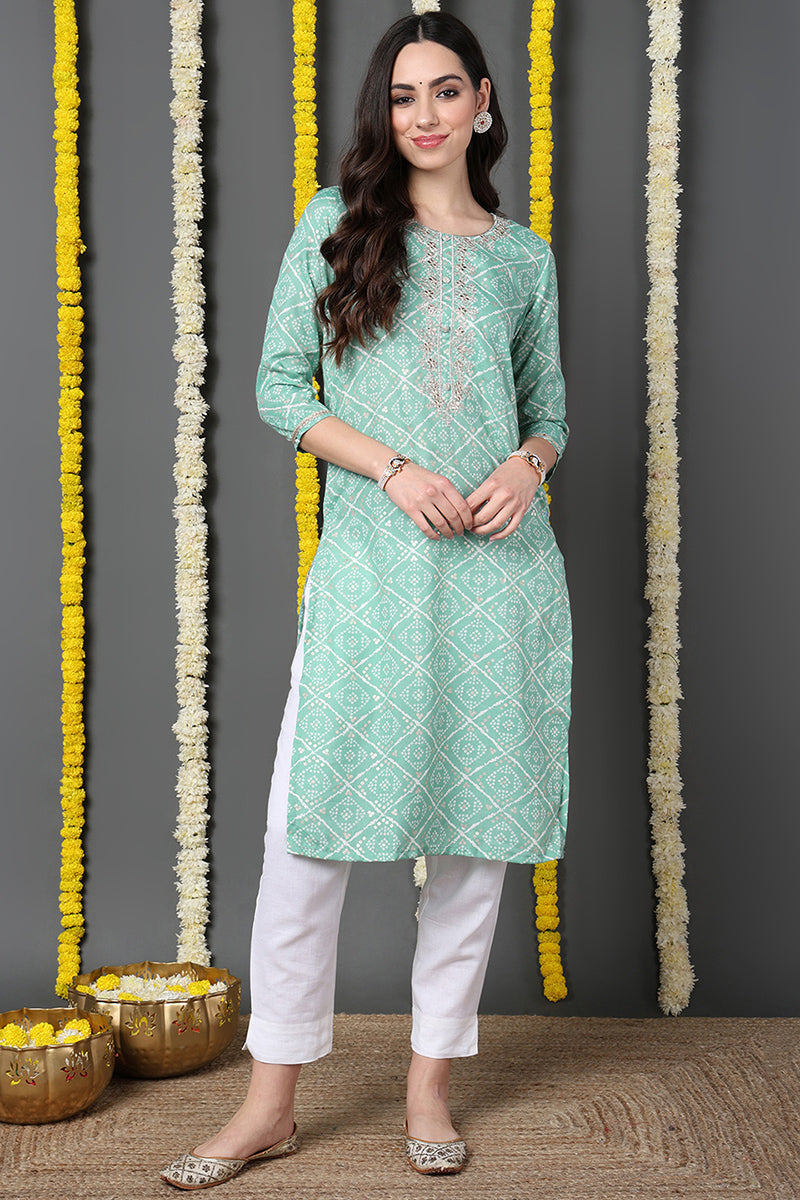 Sea Green Cotton Blend Bandhani Printed Straight Kurta VCK9740 | DesiQ