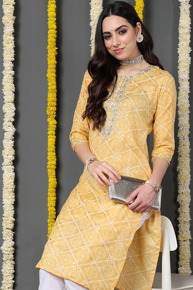 Yellow Cotton Blend Bandhani Printed Straight Kurta VCK9741 | DesiQlo