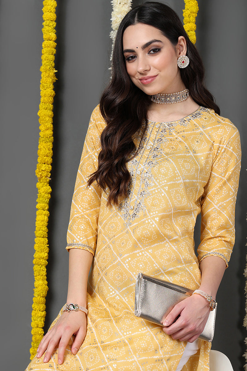 Yellow Cotton Blend Bandhani Printed Straight Kurta VCK9741 | DesiQlo