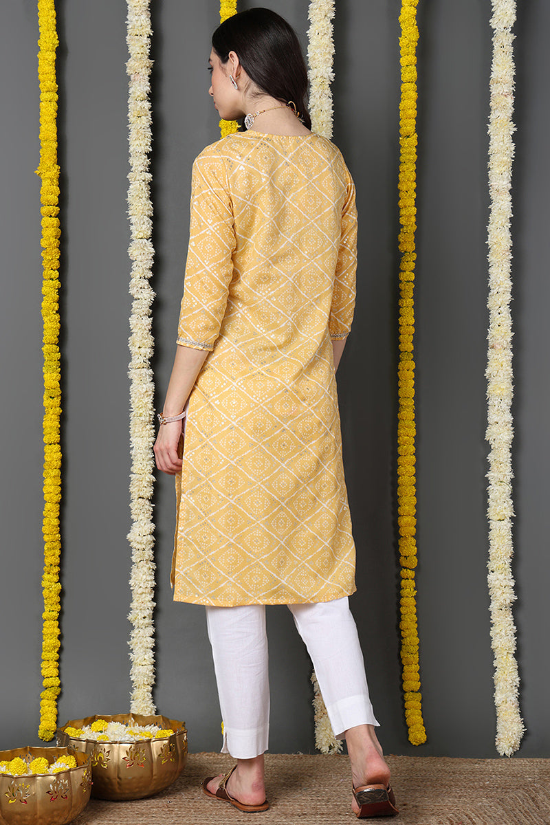 Yellow Cotton Blend Bandhani Printed Straight Kurta VCK9741 | DesiQlo